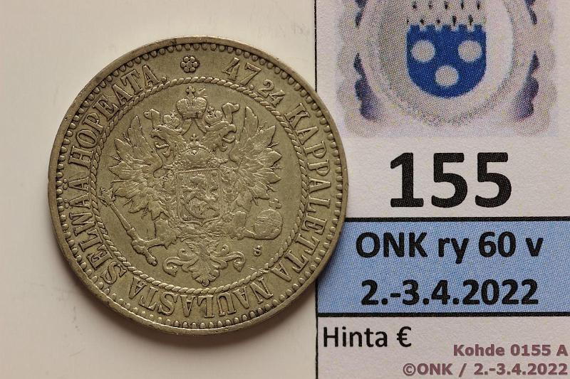 k-0155-a.jpg - Kohde 155 (kuva 1/2), lhthinta: 40 € / ei tarjouksia 2 mk 1865 Ag, SNY 493.2, hnja, lpuhd, kaunis!, kunto: 6/7