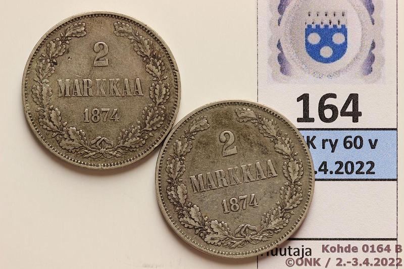 k-0164-b.jpg - Kohde 164 (kuva 2/2), lhthinta: 24 € / myyntihinta: 24 € 2 mk 1874 (2) Ag, kunto: 3, 4