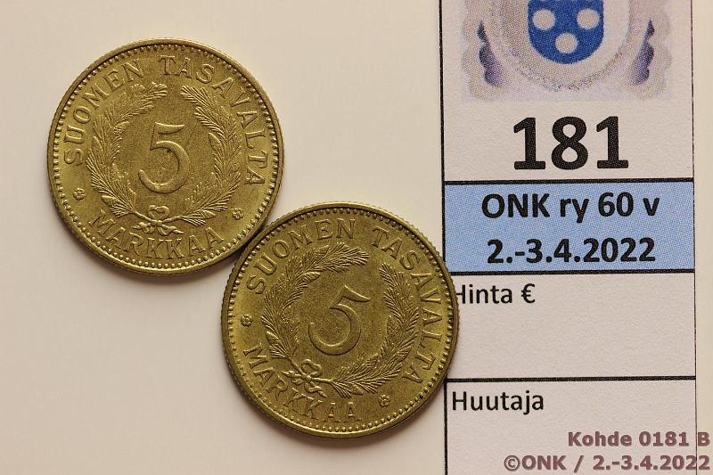 k-0181-b.jpg - Kohde 181 (kuva 2/2), lhthinta: 10 € / ei tarjouksia 5 mk 1941, -42 AlBr, kauniit!, kunto: 7, 6