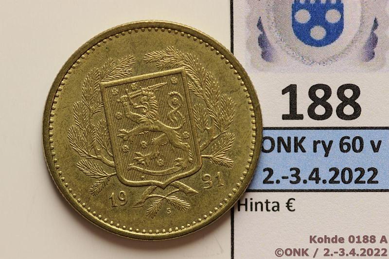 k-0188-a.jpg - Kohde 188 (kuva 1/2), lhthinta: 45 € / myyntihinta: 45 € 20 mk 1931 AlBr, erittin kaunis!, kunto: 8