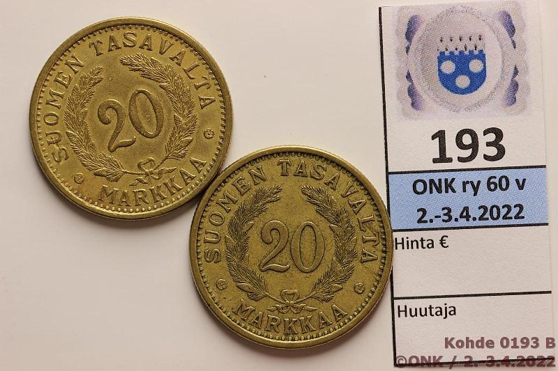 k-0193-b.jpg - Kohde 193 (kuva 2/2), lhthinta: 5 € / ei tarjouksia 20 mk 1935, -36 AlBr, kunto: 5