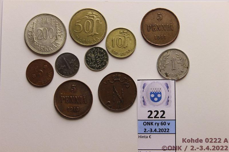 k-0222-a.jpg - Kohde 222, lhthinta: 5 € / myyntihinta: 5 € 5 p - 200 mk 1873-1958 (10) 5p 1911, -15(2), -28; 25p 1873, kl4, tumm; 1mk 1932, -52; 10mk -53; 50mk -52; 200mk -58H Ag, kunto: 3-5