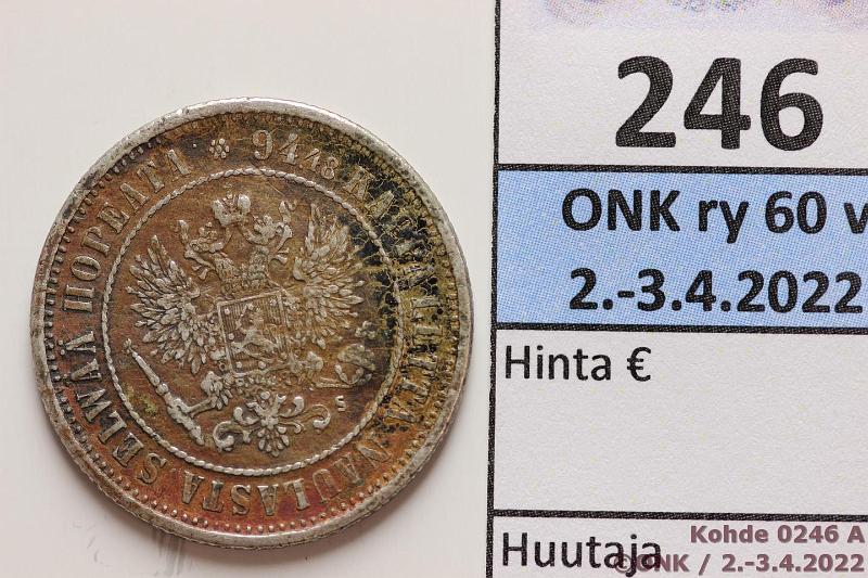 k-0246-a.jpg - Kohde 246 (kuva 1/2), lhthinta: 5 € / myyntihinta: 21 € 1 mk 1874 Paino 5,18g, mutta 0,2mm liian leve, hopeaa vai tinavrenne?, kunto: 4