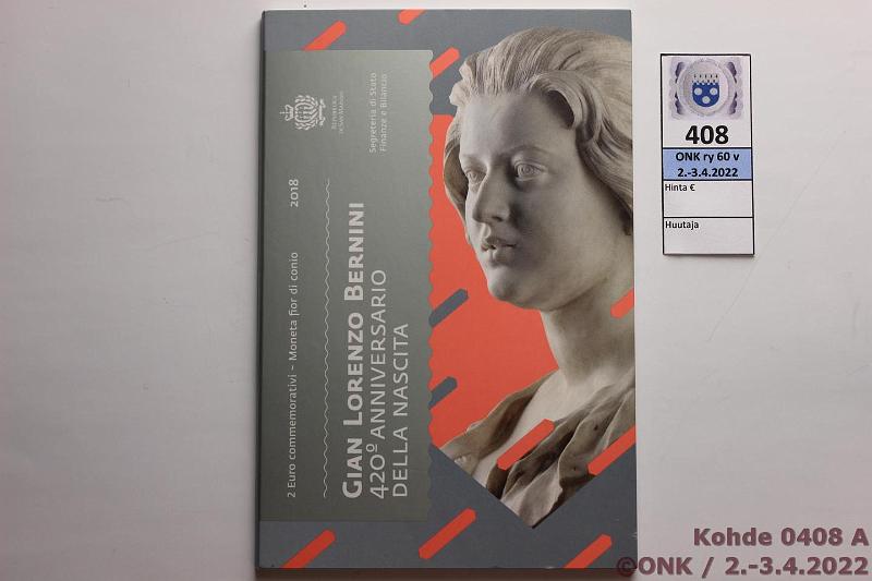 k-0408-a.jpg - Kohde 408 (kuva 1/2), lhthinta: 10 € / myyntihinta: 20 € 2 € erikoislynti 2018 San Marino, Gian Lorenzo Bernini 420 v, kansio, kunto: 9