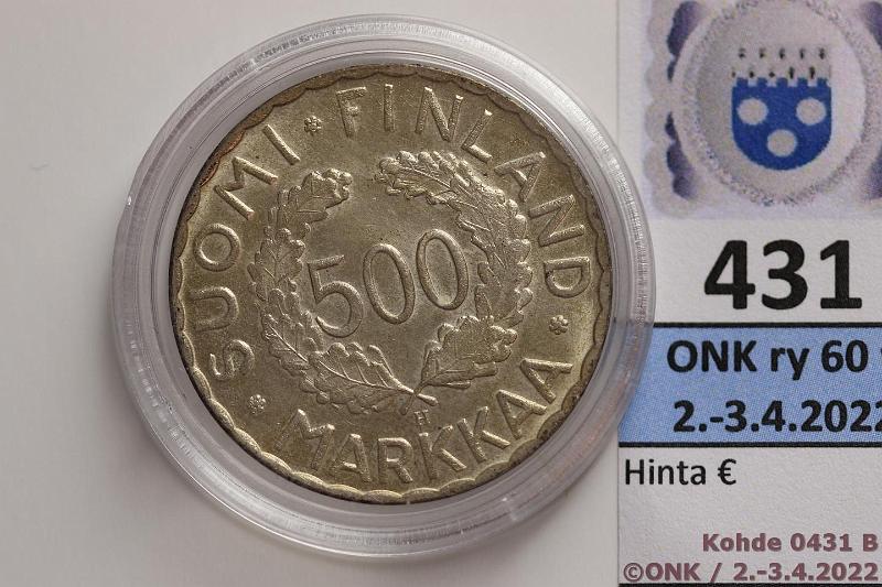 k-0431-b.jpg - Kohde 431 (kuva 2/2), lhthinta: 100 € / myyntihinta: 135 € 500 mk 1951 Ag, kunto: 8