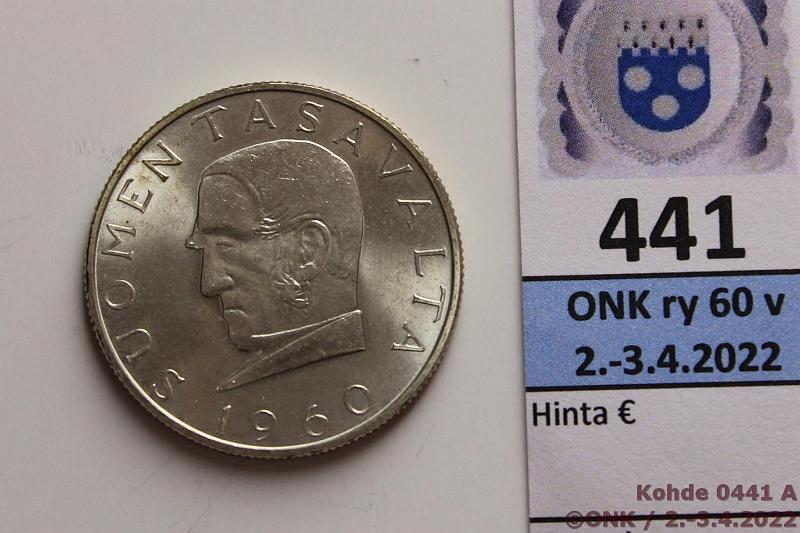 k-0441-a.jpg - Kohde 441 (kuva 1/2), lhthinta: 10 € / myyntihinta: 10 € 1000 mk 1960 Ag, kunto: 8