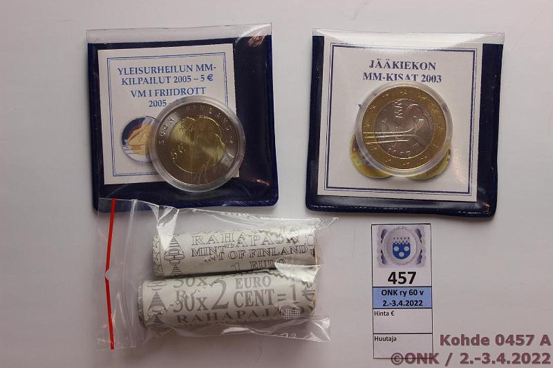 k-0457-a.jpg - Kohde 457, lhthinta: 15 € / myyntihinta: 15 € 5 € (2) + 1-2 snt 2003-05 Jkiekon MM -03 Juti, YU MM -05, kaps, tasku, tod. Lisksi vajaat senttirullat 1+2s 1999, noin 1/3 otettu, kunto: 9