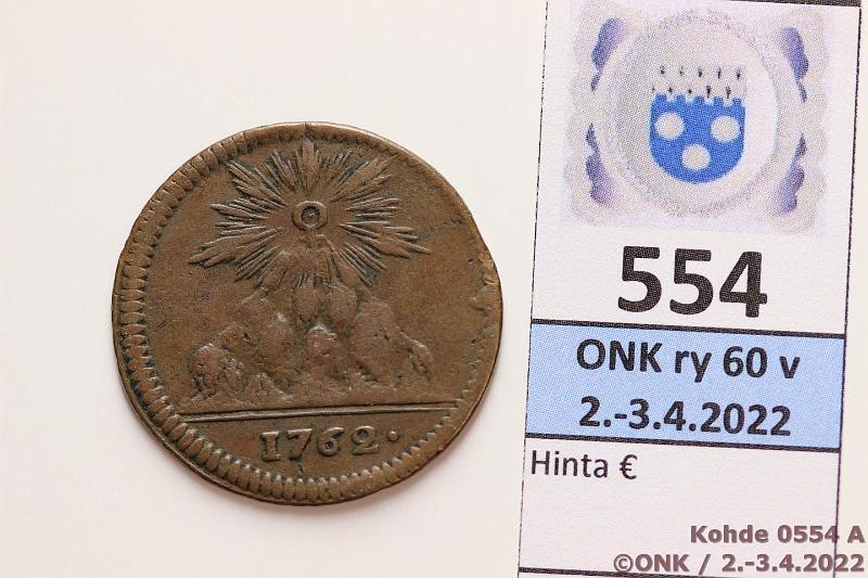 k-0554-a.jpg - Kohde 554 (kuva 1/2), lhthinta: 5 € / myyntihinta: 12 € 6 re 1762 KM#485 Cu, Stora kopparberget pollet, prvja, kunto: 3