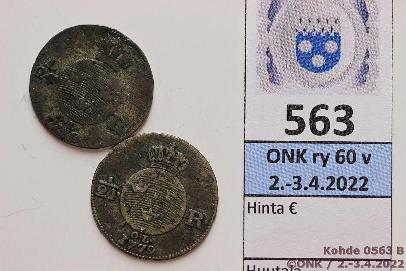 k-0563-b.jpg - Kohde 563 (kuva 2/2), lhthinta: 5 € / myyntihinta: 12 € 1/24 rd (2) 1779, -80 KM#522 Ag, kunto: 4