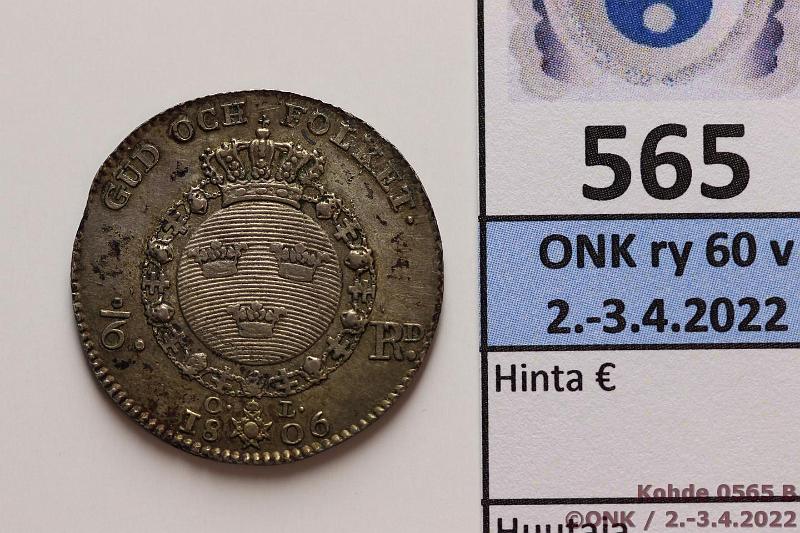 k-0565-b.jpg - Kohde 565 (kuva 2/2), lhthinta: 30 € / myyntihinta: 50 € 1/6 rd 1806 SM#41 Ag, kunto: 5