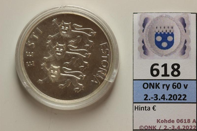 k-0618-a.jpg - Kohde 618 (kuva 1/2), lhthinta: 10 € / myyntihinta: 16 € Eesti 100 kr 1992 KM#27 Ag, Prooflike, 24g/925, Monetary Reform, kapselissa samentumaa, kunto: 9