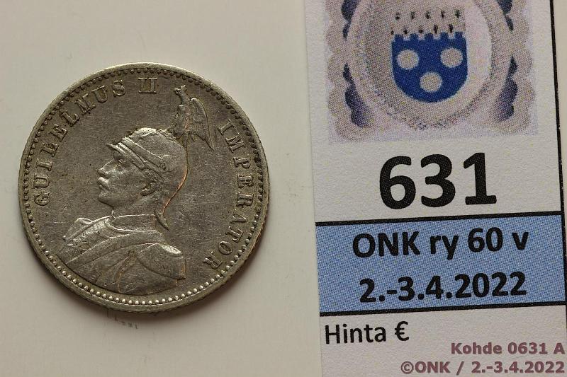 k-0631-a.jpg - Kohde 631 (kuva 1/2), lhthinta: 50 € / myyntihinta: 50 € Saksan It-Afrikka  rupie 1904 A KM#9 Ag, 5,8g/917, kunto: 5