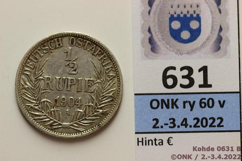 k-0631-b.jpg - Kohde 631 (kuva 2/2), lhthinta: 50 € / myyntihinta: 50 € Saksan It-Afrikka  rupie 1904 A KM#9 Ag, 5,8g/917, kunto: 5