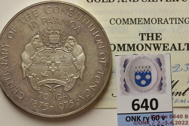 k-0640-b.jpg - Kohde 640 (kuva 2/2), lhthinta: 32 € / myyntihinta: 46 € Tonga 10 pa'anga 1975 KM#51 Ag, 62g/999, Constitution Centennial, prv, patinaa, kunto: 8