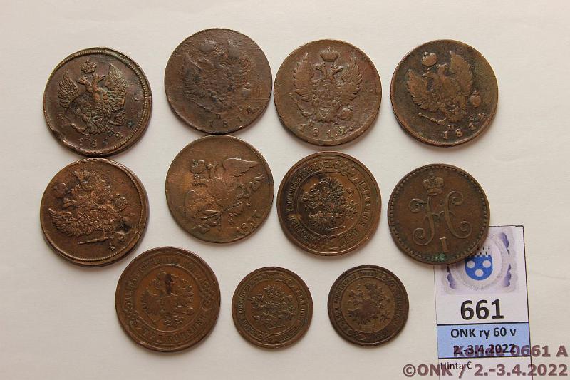 k-0661-a.jpg - Kohde 661 (kuva 1/2), lhthinta: 5 € / myyntihinta: 11 € Venj 1 - 3 kop (11) 1812-1915 1k 1840, -89, 1908; 2k 1813, -12(2), -14(2), -37; 3k 1903, -15, kunto: 2-5