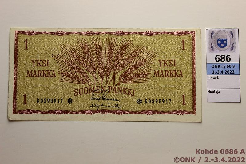 k-0686-a.jpg - Kohde 686 (kuva 1/2), lhthinta: 18 € / myyntihinta: 24 € 1 mk 1963 K* SNY 114.4 K0298917* LEI-Tr, kulunut reuna, pyre kulma, korvaava, kunto: 4