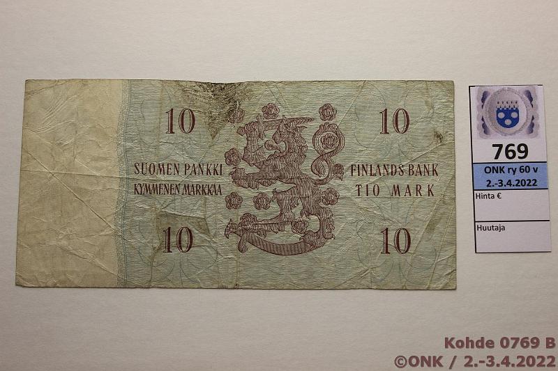 k-0769-b.jpg - Kohde 769 (kuva 2/2), lhthinta: 30 € / myyntihinta: 30 € 10 mk 1963 SNY 146.1.3 O9636443 RO I-Vou, vaikea ak-pari, rep puoleen seteliin, tahra vl 1, kunto: 2