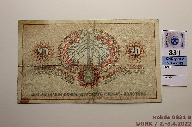 k-0831-b.jpg - Kohde 831 (kuva 2/2), lhthinta: 20 € / myyntihinta: 20 € 20 mk 1909 SNY 156.2 4734751 JR-Ml, vl SP FB, lik, prep, kunto: 4