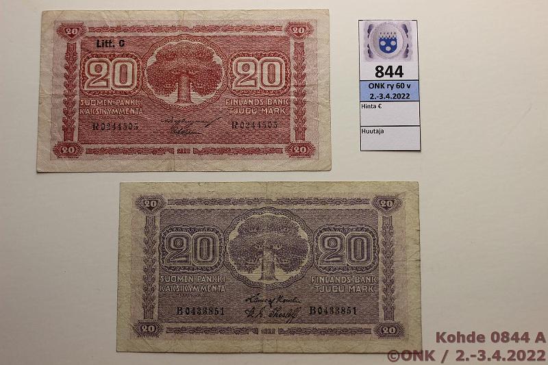 k-0844-a.jpg - Kohde 844, lhthinta: 30 € / ei tarjouksia 20 mk 1922 -, LC (2) SNY 158.1+4 B0433851 HEU-The; LC R0244505 BUR-Wah, kunto: 3, 4