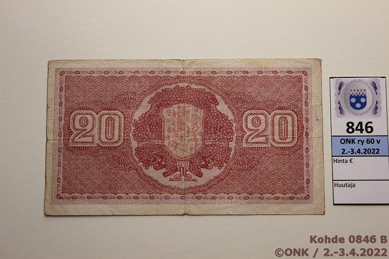 k-0846-b.jpg - Kohde 846 (kuva 2/2), lhthinta: 150 € / myyntihinta: 180 € 20 mk 1922 LB SNY 158.3 C0577160 BUR-Wah, eprep, harvinainen!, kunto: 3