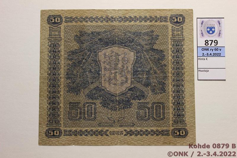 k-0879-b.jpg - Kohde 879 (kuva 2/2), lhthinta: 100 € / ei tarjouksia 50 mk 1922 LA SNY 167.2 G0482766 HEU-The, eprep, preiki, pehme, kunto: 3