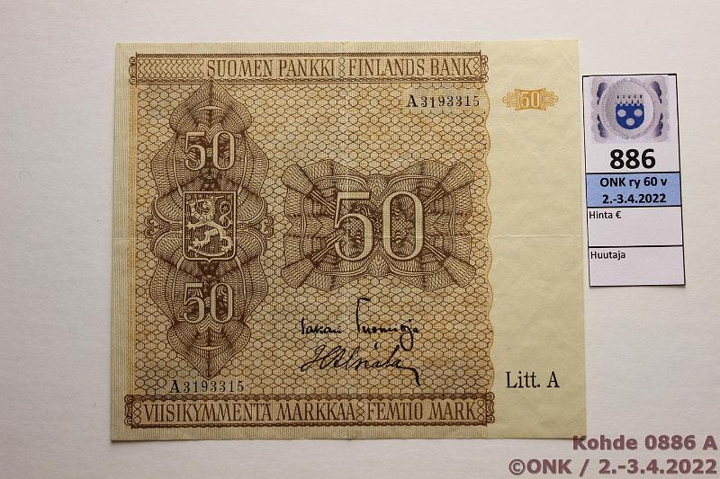 k-0886-a.jpg - Kohde 886 (kuva 1/2), lhthinta: 20 € / myyntihinta: 23 € 50 mk 1945 LA SNY 169.1 A3193315 TUO-Als, laatta 1, kunto: 5