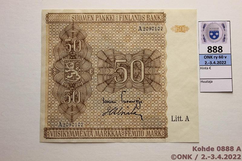 k-0888-a.jpg - Kohde 888 (kuva 1/2), lhthinta: 60 € / ei tarjouksia 50 mk 1945 LA SNY 169.1 A2090107 TUO-Als, laatta 1, kunto: 8