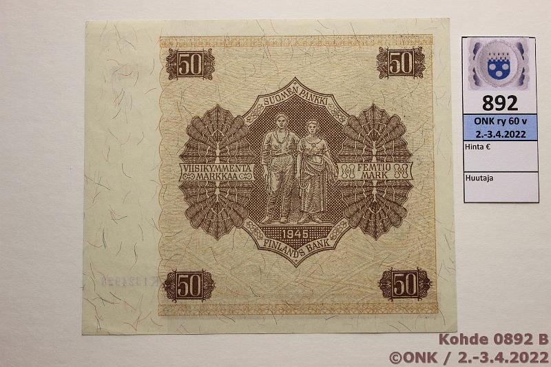 k-0892-b.jpg - Kohde 892 (kuva 2/2), lhthinta: 20 € / myyntihinta: 26 € 50 mk 1945 LB SNY 169.4 K1324923 RAI-AAs, laatta 4, kunto: 8