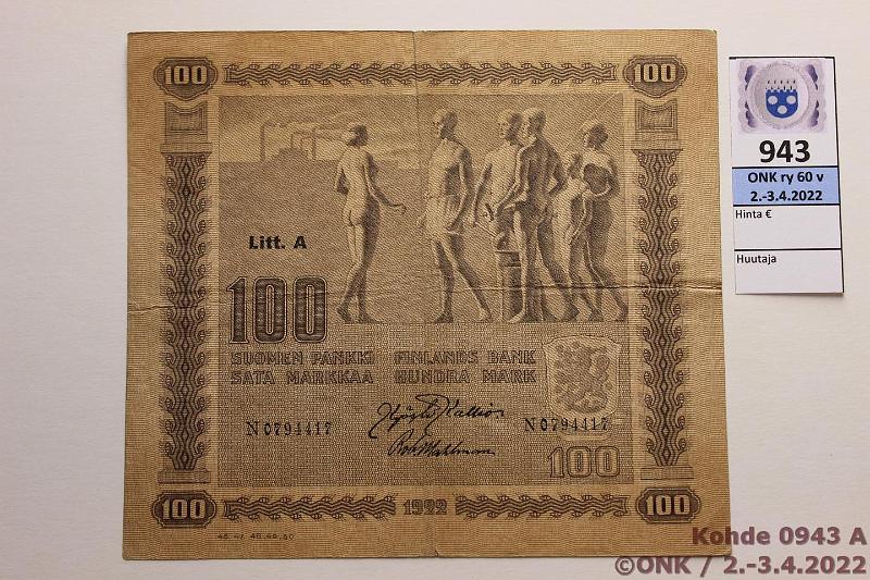 k-0943-a.jpg - Kohde 943 (kuva 1/2), lhthinta: 90 € / ei tarjouksia 100 mk 1922 LA SNY 178.3 N0791147 KAL-Wah, eprep, keskireik, kunto: 3