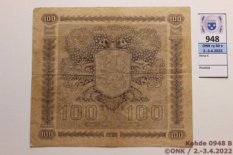 k-0948-b.jpg - Kohde 948 (kuva 2/2), lhthinta: 200 € / ei tarjouksia 100 mk 1922 LB SNY 178.4 A0667252 RYT-Wah, preiki, tahroja, harvinainen, kunto: 3