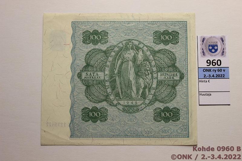 k-0960-b.jpg - Kohde 960 (kuva 2/2), lhthinta: 15 € / myyntihinta: 15 € 100 mk 1945 LB SNY 180.2 X1235477 KEK-Als, ei lpi setelin taitetta, kunto: 7