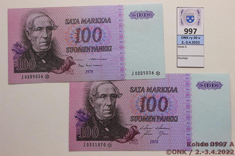 k-0997-a.jpg - Kohde 997, lhthinta: 60 € / myyntihinta: 60 € 100 mk 1976 J* (2) SNY 184.8 J..* HOL-Nar, AL 1-Lin, korvaavia, kunto: 7