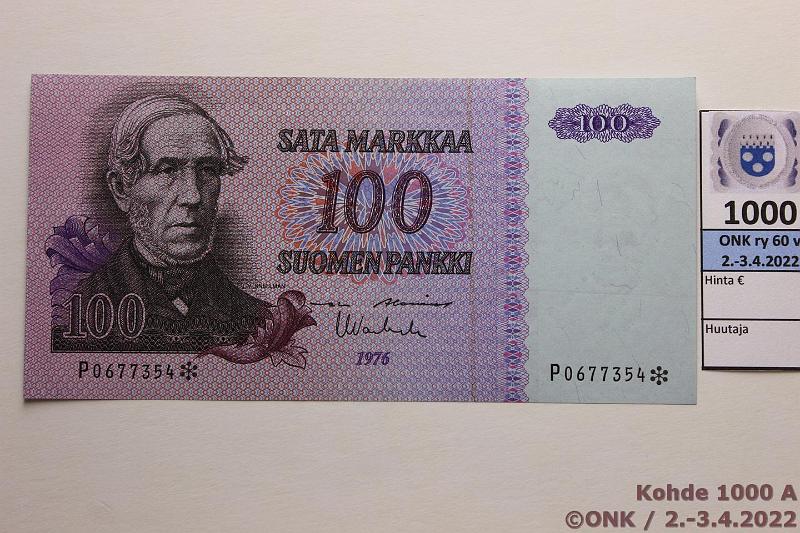 k-1000-a.jpg - Kohde 1000, lhthinta: 30 € / myyntihinta: 30 € 100 mk 1976 P* SNY 184.10 P0677354* AL I-Va1, pintaeloa, ei taitteita korvaava, kunto: 8