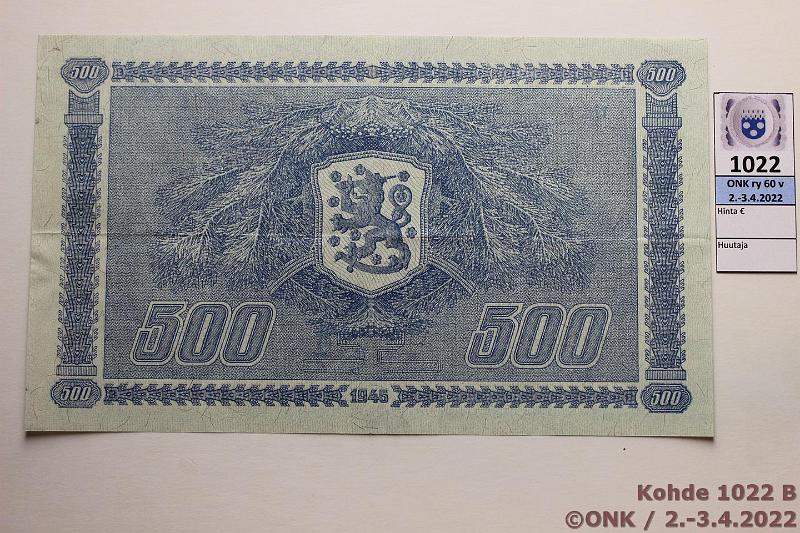 k-1022-b.jpg - Kohde 1022 (kuva 2/2), lhthinta: 80 € / myyntihinta: 120 € 500 mk 1945 LB SNY 190.2 D3120693 TUO-Kil, kunto: 6