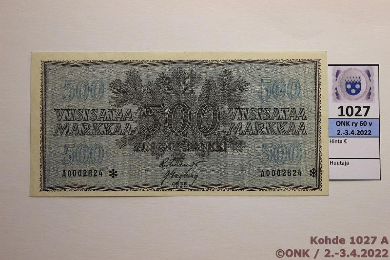 k-1027-a.jpg - Kohde 1027, lhthinta: 400 € / ei tarjouksia 500 mk 1955 A* SNY191.2 A0002824* FIE-Eng, painumia, ei lpisetelin taitteita, korvaava, kunto: 8