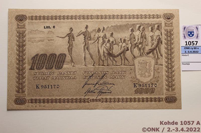 k-1057-a.jpg - Kohde 1057 (kuva 1/2), lhthinta: 45 € / myyntihinta: 86 € 1000 mk 1922 LC t III SNY 197.6 K951170 RAI-AAs, kunto: 5