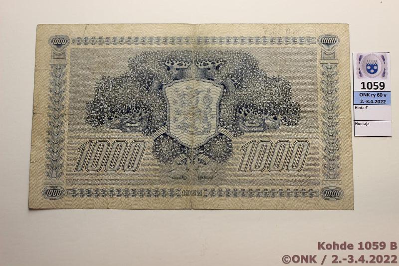 k-1059-b.jpg - Kohde 1059 (kuva 2/2), lhthinta: 500 € / ei tarjouksia 1000 mk 1922 LD SNY 197.7 A079769 JUT-Wah, preiki, rep, kunto: 3