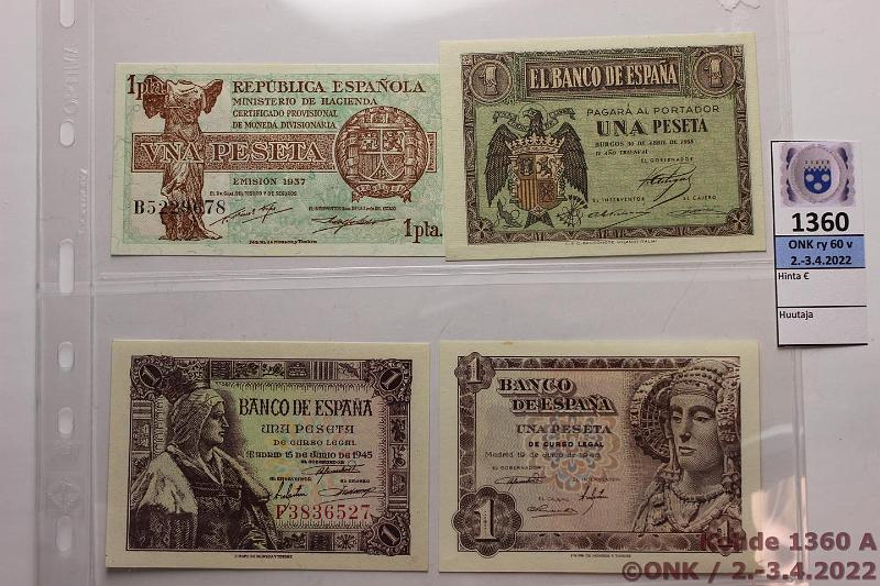 k-1360-a.jpg - Kohde 1360 (kuva 1/2), lhthinta: 60 € / myyntihinta: 64 € Espanja 1 pta (4) 1937-1948 P#94, 108, 128 ja 135, kunto: 9