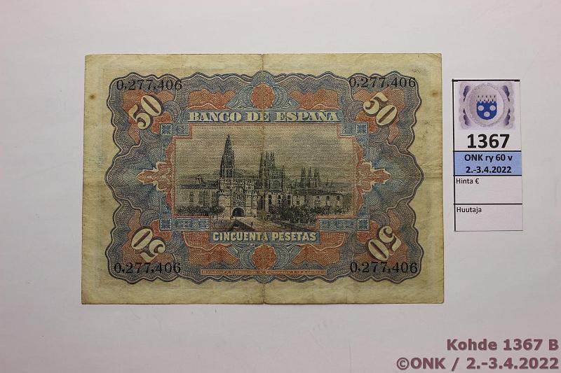 k-1367-b.jpg - Kohde 1367 (kuva 2/2), lhthinta: 25 € / myyntihinta: 34 € Espanja 50 ptas 1907 P#63 Tahroja, kunto: 4