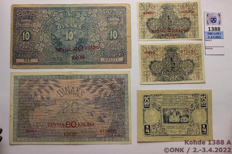 k-1388-a.jpg - Kohde 1388 (kuva 1/4), lhthinta: 45 € / myyntihinta: 45 € Jugoslavia (8) 1919-21 P#11-18 1/2 + 1 dinar; 25 para; 2,4,20,40 ja 80 kronen, kunto: 3-9