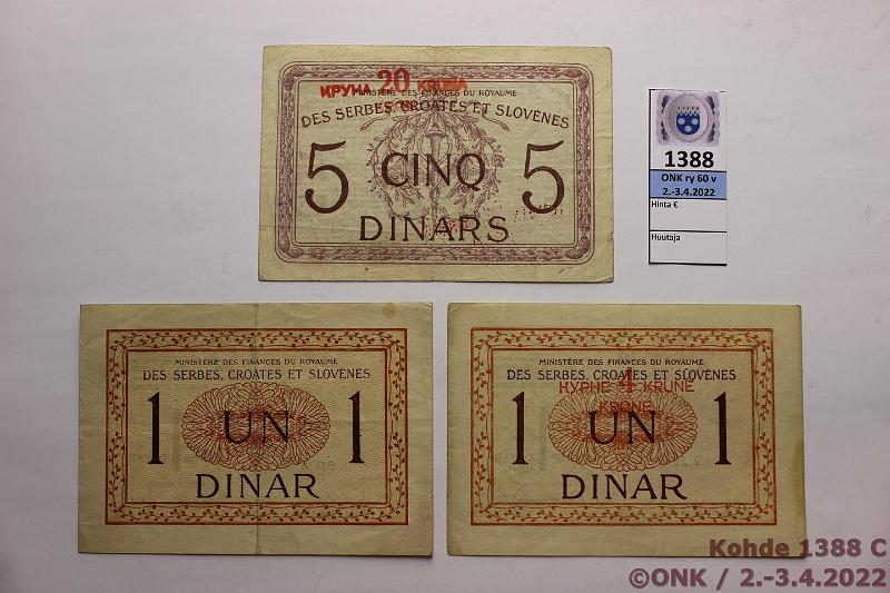 k-1388-c.jpg - Kohde 1388 (kuva 3/4), lhthinta: 45 € / myyntihinta: 45 € Jugoslavia (8) 1919-21 P#11-18 1/2 + 1 dinar; 25 para; 2,4,20,40 ja 80 kronen, kunto: 3-9