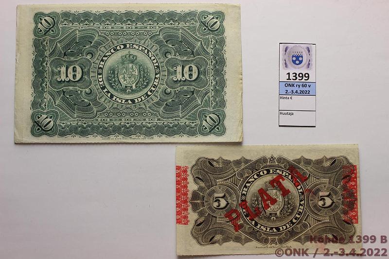 k-1399-b.jpg - Kohde 1399 (kuva 2/2), lhthinta: 20 € / ei tarjouksia Kuuba 5 + 10 pesos 1896 P#48, 49 5p reiki, kunto: 5, 6