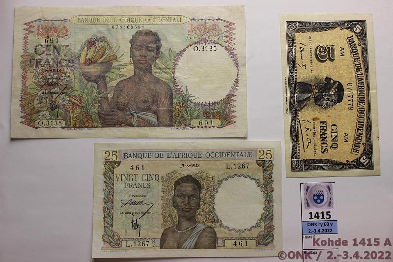 k-1415-a.jpg - Kohde 1415 (kuva 1/2), lhthinta: 50 € / myyntihinta: 50 € Ranskan Lnsi-Afrikka 5 - 100 fr (3) 1942-48 P#28, 38, 48 5f 1942; 25f -43; 100f -48, kunto: 5