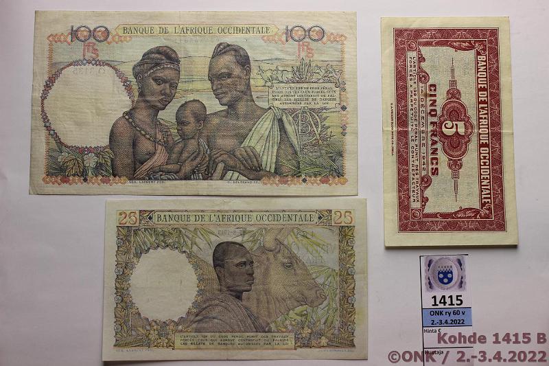 k-1415-b.jpg - Kohde 1415 (kuva 2/2), lhthinta: 50 € / myyntihinta: 50 € Ranskan Lnsi-Afrikka 5 - 100 fr (3) 1942-48 P#28, 38, 48 5f 1942; 25f -43; 100f -48, kunto: 5