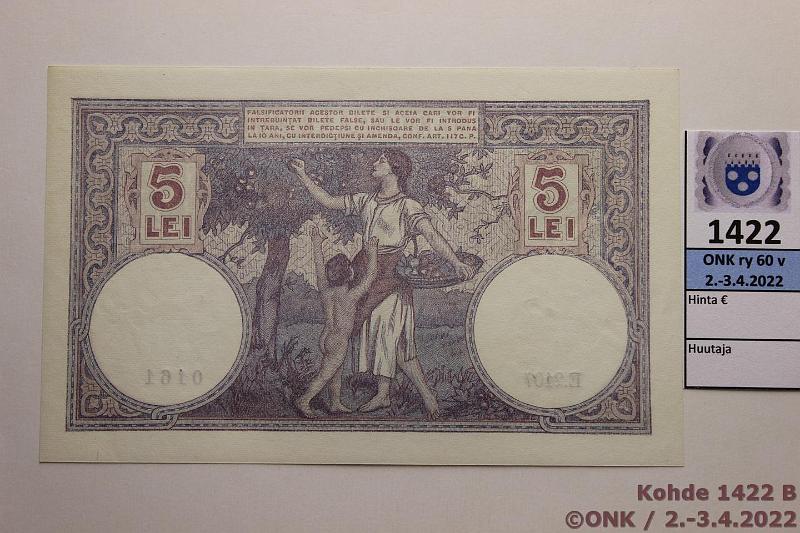 k-1422-b.jpg - Kohde 1422 (kuva 2/2), lhthinta: 30 € / myyntihinta: 40 € Romania 5 lei 1920 P#19a E.2107 0161, pieni painaumia, kunto: 9