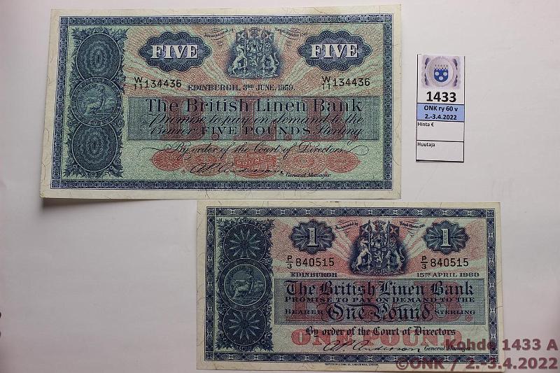 k-1433-a.jpg - Kohde 1433 (kuva 1/2), lhthinta: 75 € / myyntihinta: 75 € Skotlanti 1 + 5  1960, -59 P#157e, 161b Molemmat British Linen Bank 1p pintaeloa, 5p sil, kunto: 8, 5