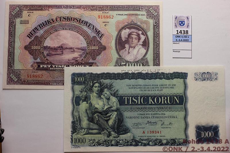 k-1438-a.jpg - Kohde 1438 (kuva 1/2), lhthinta: 40 € / myyntihinta: 57 € Tekkoslovakia 5000 + 1000 kr 1920, -34 P#19s, 26s Molemmissa SPECIMEN-lvistys, kunto: 8