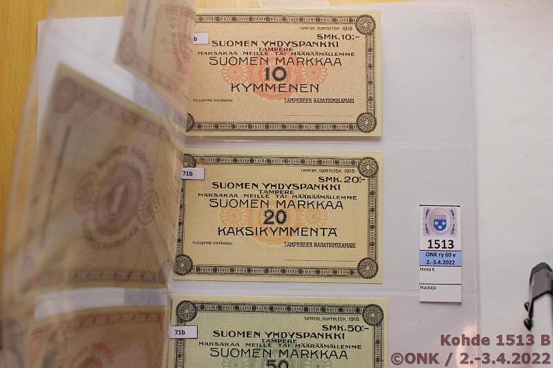 k-1513-b.jpg - Kohde 1513 (kuva 2/2), lhthinta: 20 € / myyntihinta: 30 € 1 - 50 mk (6) 1918 Suomen Yhdyspankki 1mk tumma ja vaalea pohja leimaamattomat, 10mk lisleimat ja ilman, 20 ja 50mk leimaamattomat, kunto: 8-9