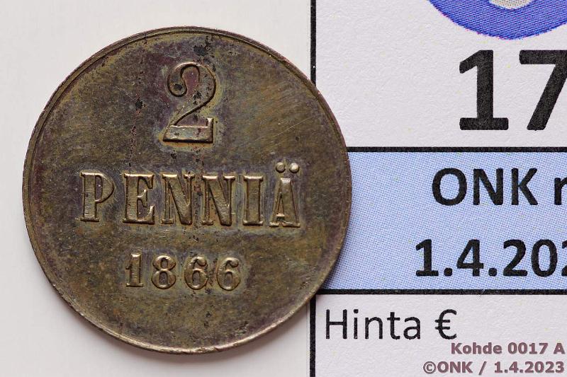 k-0017-a.jpg - Kohde 17 (kuva 1/2), lhthinta: 4880 € / ei tarjouksia 2 p 1866 Koeraha, ei helmireunaa, taustapuoli lymtt. Ex Holmasto 148 kohde 156. Kts SNY kerilijn opas 2023 s. 217, kunto: 7