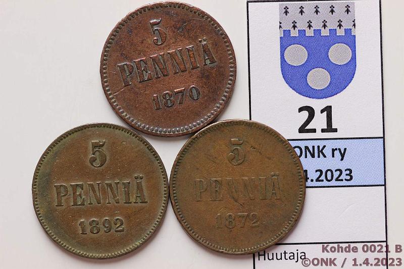 k-0021-b.jpg - Kohde 21 (kuva 2/2), lhthinta: 10 € / myyntihinta: 10 € 5 p 1870, -72, -92 (-70 puhd, -92 eprv), kunto: 3, 3, 5